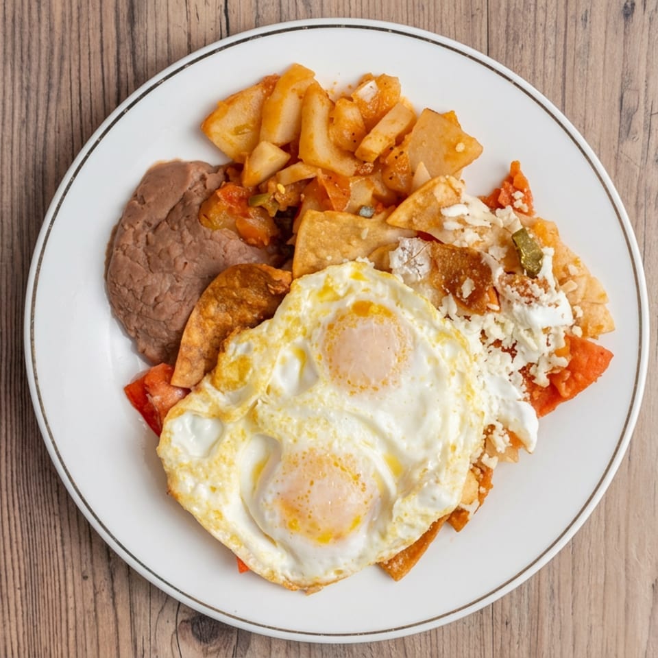 Plate of nachos topped with two fried eggs, refried beans, tomatoes, peppers, and crumbled cheese on a wooden table.