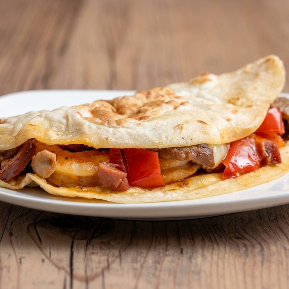 Folded flatbread sandwich filled with grilled meat, sausage, roasted potatoes, peppers, and melted cheese on a white plate.