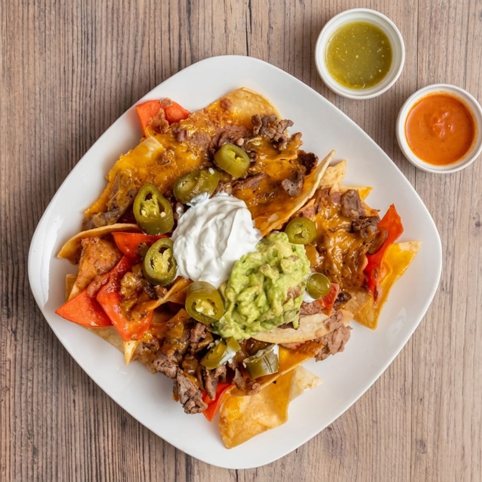 Loaded nachos topped with melted cheese, seasoned beef, jalapeños, guacamole, sour cream, and peppers, served with two dipping sauces.